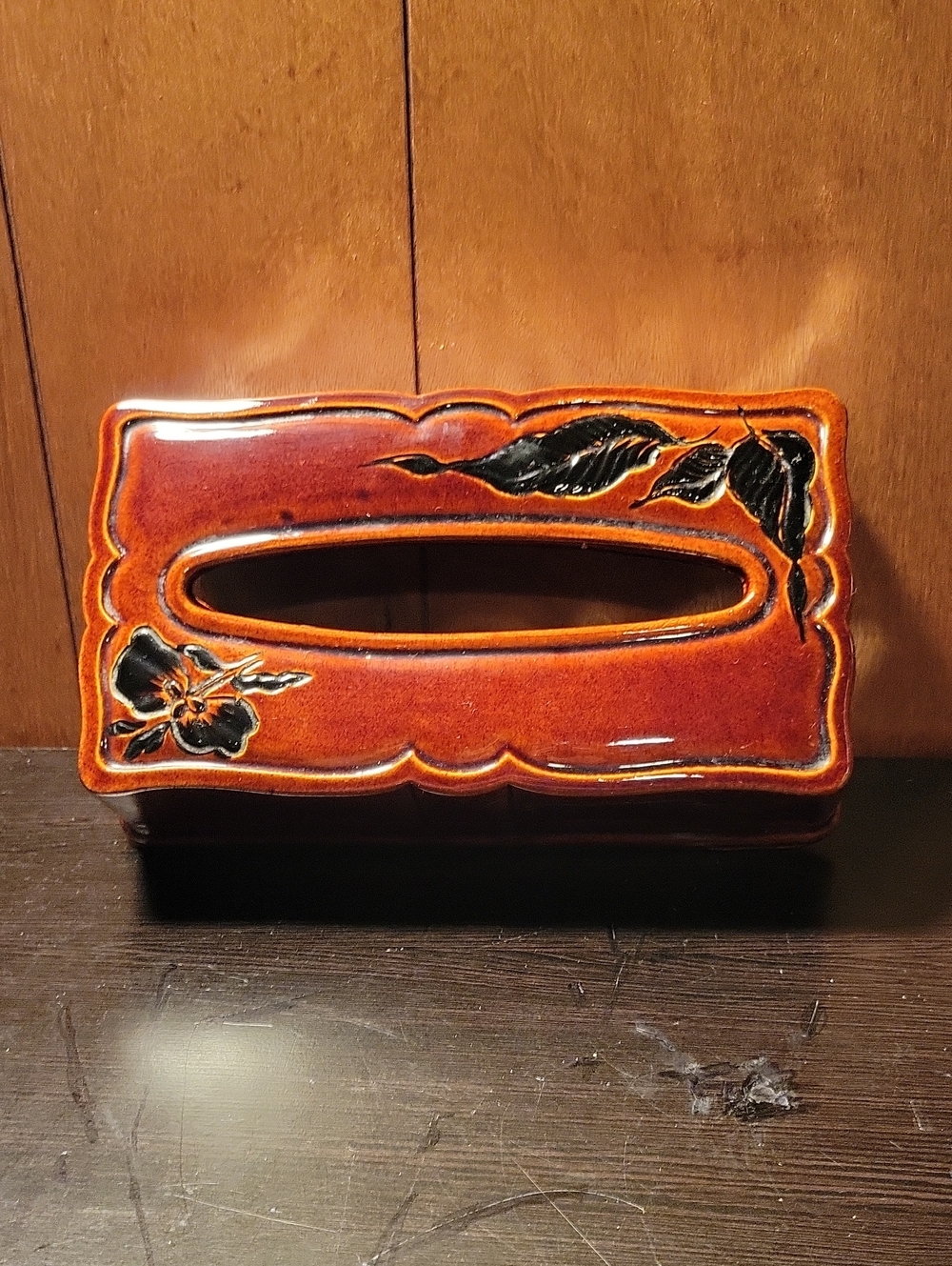 Haeger Decorative Ceramic Tissue Box Cover Brown with Black Floral Accent
